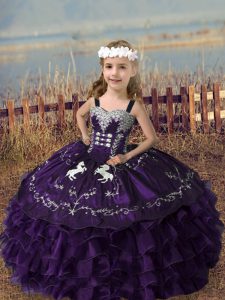 Purple Sleeveless Embroidery and Ruffled Layers Floor Length Girls Pageant Dresses