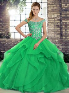 Flare Green Ball Gowns Beading and Ruffles 15 Quinceanera Dress Lace Up Tulle Sleeveless