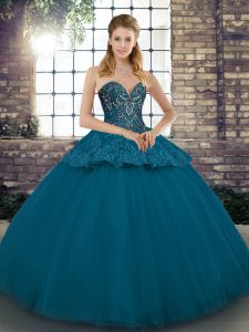 Blue Ball Gowns Beading and Appliques Sweet 16 Quinceanera Dress Lace Up Tulle Sleeveless Floor Length