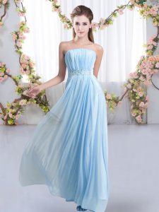 Hot Sale Baby Blue Empire Strapless Sleeveless Chiffon Sweep Train Lace Up Beading Quinceanera Court Dresses
