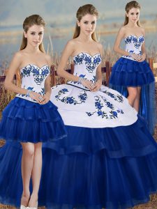 Glittering Royal Blue Tulle Lace Up Ball Gown Prom Dress Sleeveless Floor Length Embroidery and Bowknot