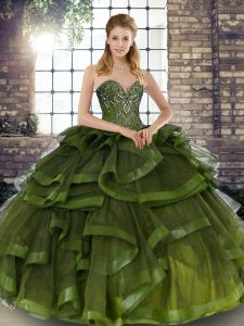 Stunning Sleeveless Floor Length Beading and Ruffles Lace Up Quinceanera Gown with Olive Green