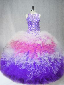 Dynamic Sleeveless Floor Length Beading and Ruffles Zipper Sweet 16 Dresses with Multi-color