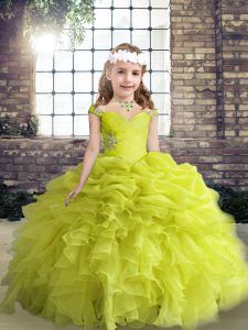 Luxurious Beading and Ruffles and Pick Ups Little Girl Pageant Dress Yellow Green Lace Up Sleeveless Floor Length