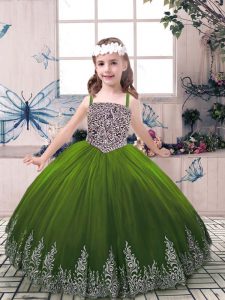 Beading and Embroidery Little Girls Pageant Dress Olive Green Lace Up Sleeveless Floor Length