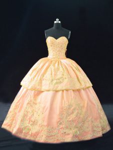 Artistic Halter Top Sleeveless Quinceanera Dress Floor Length Appliques Peach Satin