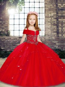 Elegant Red Ball Gowns Beading Girls Pageant Dresses Lace Up Tulle Sleeveless Floor Length