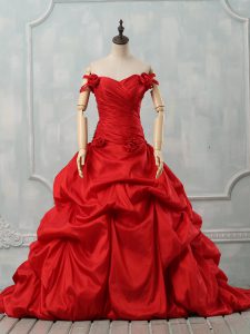 Ideal Off The Shoulder Sleeveless Taffeta Sweet 16 Quinceanera Dress Pick Ups and Hand Made Flower Court Train Lace Up