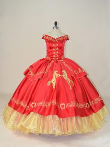 Beauteous Satin and Organza Off The Shoulder Sleeveless Lace Up Embroidery Quinceanera Dress in Red