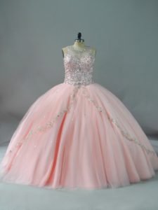 Peach Ball Gowns Beading Quince Ball Gowns Lace Up Tulle Sleeveless