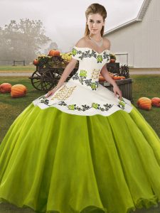 Fancy Off The Shoulder Sleeveless Quince Ball Gowns Floor Length Embroidery Olive Green Organza