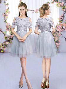 Comfortable Grey Court Dresses for Sweet 16 Wedding Party with Lace and Belt Scoop Sleeveless Zipper