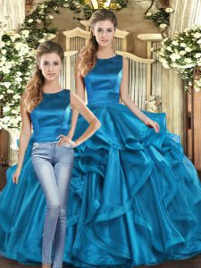 Customized Teal Two Pieces Organza Scoop Sleeveless Ruffles Floor Length Lace Up Quinceanera Gowns