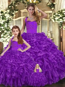 Clearance Halter Top Sleeveless Sweet 16 Dresses Floor Length Ruffles Purple Organza