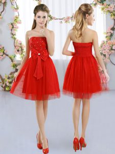 Chic Red Empire Beading and Bowknot Dama Dress for Quinceanera Side Zipper Tulle Sleeveless Mini Length