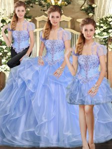 Lavender Three Pieces Beading and Ruffles Quinceanera Gowns Lace Up Organza Sleeveless Floor Length