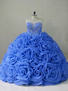 Blue Ball Gowns Sweetheart Sleeveless Organza Brush Train Lace Up Beading Quinceanera Dress