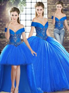 Royal Blue Quinceanera Gown Military Ball and Sweet 16 and Quinceanera with Beading Off The Shoulder Sleeveless Brush Train Lace Up