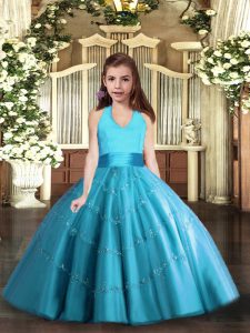 Excellent Beading Little Girls Pageant Gowns Baby Blue Lace Up Sleeveless Floor Length