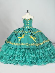 Artistic Satin and Organza Sleeveless 15th Birthday Dress Brush Train and Embroidery and Ruffled Layers