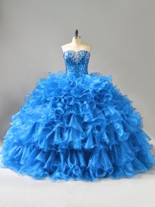 Beautiful Blue Sweetheart Lace Up Beading and Ruffles and Sequins 15th Birthday Dress Sleeveless