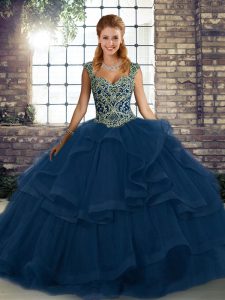 Blue Straps Neckline Beading and Ruffles 15th Birthday Dress Sleeveless Lace Up