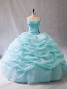 Aqua Blue Ball Gowns Sweetheart Sleeveless Organza Floor Length Lace Up Beading and Pick Ups 15 Quinceanera Dress