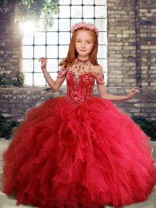 Elegant Ruffles Pageant Gowns For Girls Red Lace Up Sleeveless Floor Length