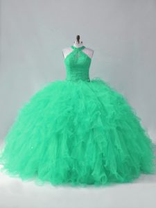 Turquoise Tulle Lace Up Halter Top Sleeveless Ball Gown Prom Dress Beading and Ruffles