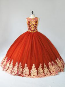 Glittering Tulle Scoop Sleeveless Lace Up Appliques Quinceanera Dresses in Rust Red