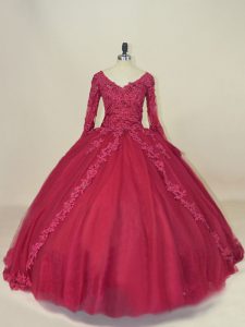 Long Sleeves Tulle Floor Length Lace Up Quinceanera Dresses in Red with Lace and Appliques