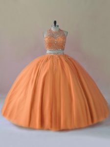 Romantic Orange Tulle Backless Quinceanera Gown Sleeveless Floor Length Beading