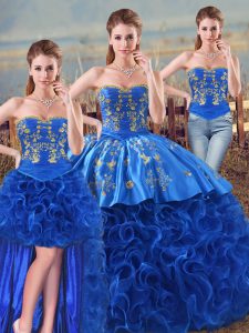 Fancy Sleeveless Floor Length Embroidery and Ruffles Lace Up Quinceanera Dress with Royal Blue