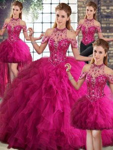 Sexy Fuchsia Ball Gowns Tulle Halter Top Sleeveless Beading and Ruffles Floor Length Lace Up Quinceanera Dress