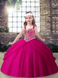 Top Selling Ball Gowns Little Girl Pageant Dress Fuchsia Straps Tulle Sleeveless Floor Length Lace Up