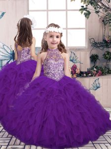 Admirable Beading and Ruffles Pageant Gowns For Girls Purple Lace Up Sleeveless Floor Length