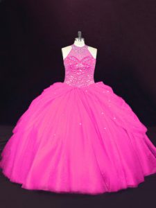 Hot Pink Ball Gowns Tulle Halter Top Sleeveless Beading Floor Length Lace Up Ball Gown Prom Dress