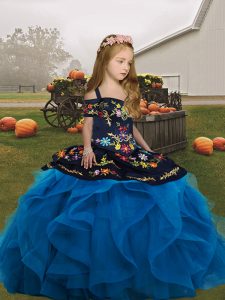 Blue Ball Gowns Straps Sleeveless Tulle Floor Length Lace Up Embroidery and Ruffles Little Girl Pageant Gowns