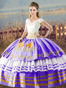 Simple Floor Length White And Purple Quince Ball Gowns V-neck Sleeveless Lace Up