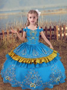 Baby Blue Lace Up Pageant Dress for Teens Beading and Embroidery Sleeveless Floor Length