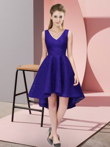A-line Quinceanera Dama Dress Purple V-neck Lace Sleeveless High Low Zipper