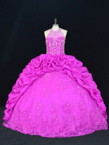 Fitting Ball Gowns 15th Birthday Dress Fuchsia Halter Top Taffeta Sleeveless Floor Length Lace Up