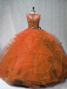 Flirting Rust Red Ball Gowns Beading and Ruffles 15th Birthday Dress Lace Up Tulle Sleeveless