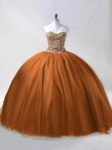 Brown Lace Up Sweetheart Beading Sweet 16 Dress Tulle Sleeveless