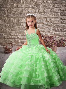 Sleeveless Brush Train Lace Up Beading and Ruffled Layers Little Girl Pageant Dress