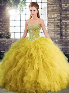 Super Gold Tulle Lace Up Sweetheart Sleeveless Floor Length Sweet 16 Quinceanera Dress Beading and Ruffles