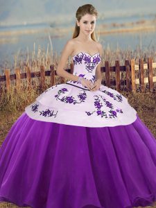 Embroidery and Bowknot Quinceanera Dresses White And Purple Lace Up Sleeveless Floor Length