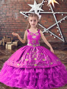 Lilac Satin and Organza Lace Up Child Pageant Dress Sleeveless Floor Length Embroidery and Ruffled Layers