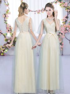 Clearance Lace and Bowknot Vestidos de Damas Champagne Lace Up Sleeveless Floor Length