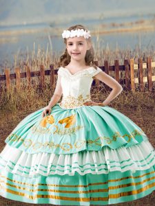 Amazing Floor Length Lace Up Little Girls Pageant Dress Wholesale Apple Green for Wedding Party with Embroidery